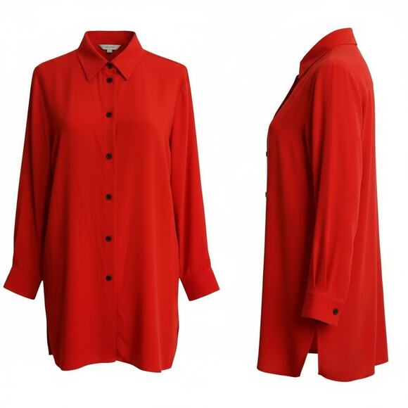Linda Allard Ellen Tracy Red 100% Silk Button Front Tunic Dress Size 10 - Picture 2 of 14